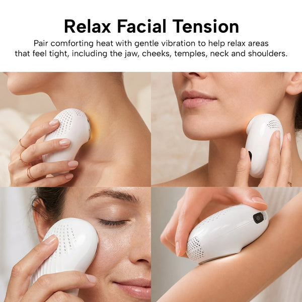 A person uses the KLEVA® AestheraX Hot & Cold Therapy Massager by Kleva Range on their neck, jaw, and cheek in close-up shots, showing facial depuffing and tension relief with heating and vibration for their skincare routine.