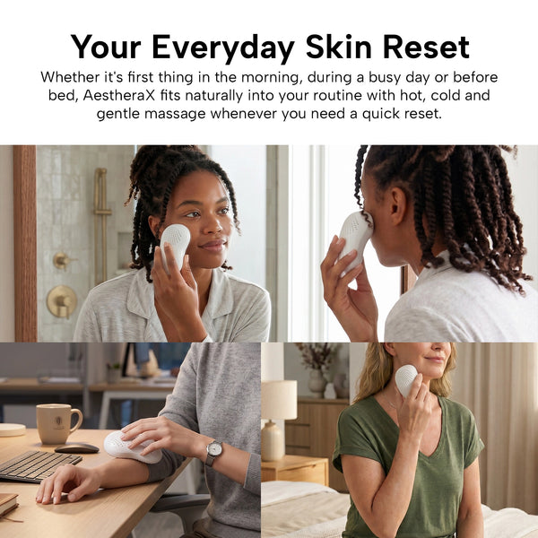 A collage shows people using the KLEVA® AestheraX Hot & Cold Therapy Massager by Kleva Range on their faces and necks, highlighting its daily use for skincare, facial depuffing, and massage as part of a regular routine.