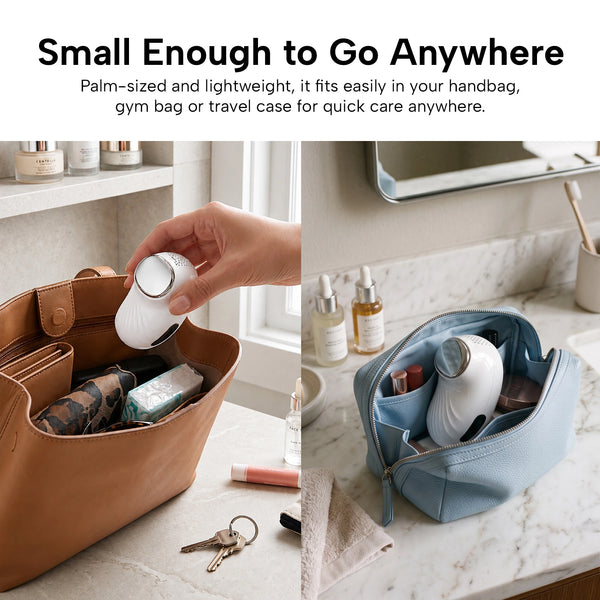 A hand puts the KLEVA® AestheraX Hot & Cold Therapy Massager by Kleva Range into a brown handbag; on the right, it sits inside a blue toiletry bag on a bathroom counter, ready to de-puff, massage, and boost your glow.