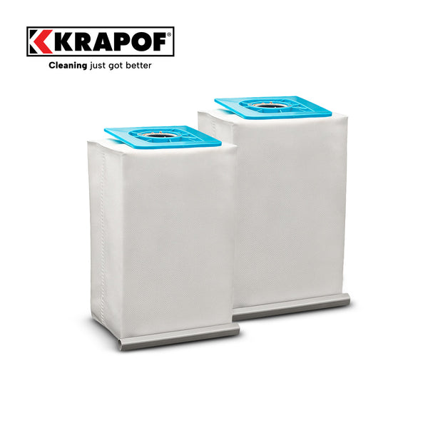 Two white rectangular dust bags with blue tops, branded by Kleva Range, are shown side by side. "2 Pack Dust Bags For KRAPOF® Auto Clean Self Empty Vac" is displayed in the top left corner—ideal for your self-emptying vacuum.