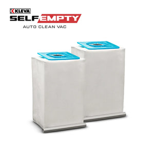 Two rectangular white dust bags with blue plastic fittings are shown standing upright. The Kleva Range logo for the 2 Pack Dust Bags For KLEVA® Auto Clean Self Empty Vac appears in the top left corner of the image, highlighting their compatibility with your KRAPOF Auto Clean Cordless Stick Vacuum.