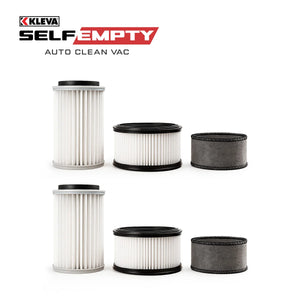 Six cylindrical filters from the Kleva Range 6 Pack Filter Kit for KLEVA® Auto Clean Self Empty Vac, three clean and three dirty, are arranged in two rows on a white background. The KRAPOF logo and "Cleaning just got better" appear at top left.