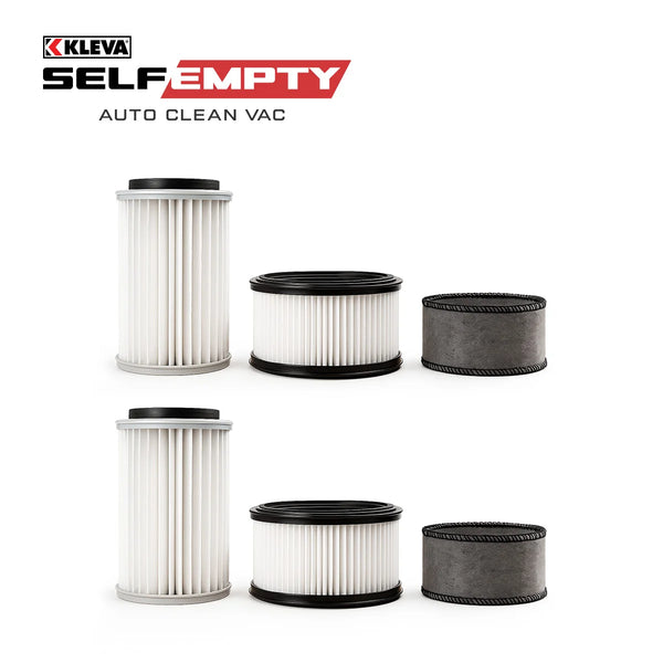 Six cylindrical filters from the Kleva Range 6 Pack Filter Kit for KLEVA® Auto Clean Self Empty Vac, three clean and three dirty, are arranged in two rows on a white background. The KRAPOF logo and "Cleaning just got better" appear at top left.