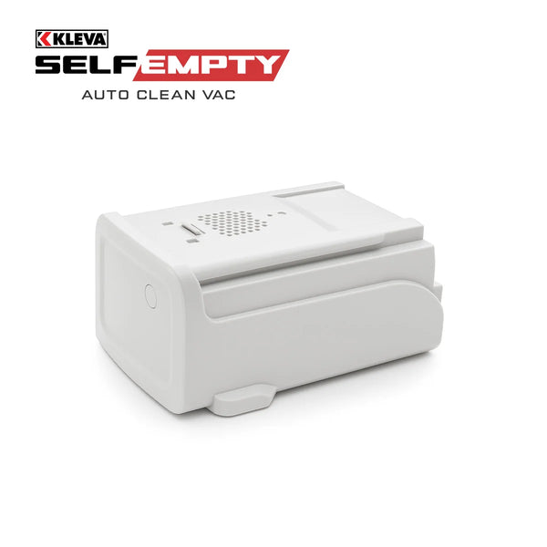 A white, rectangular battery pack for the KLEVA® Auto Clean Self Empty Vac by Kleva Range is displayed on a white background, with the KRAPOF logo and "Cleaning just got better" slogan in the upper left.