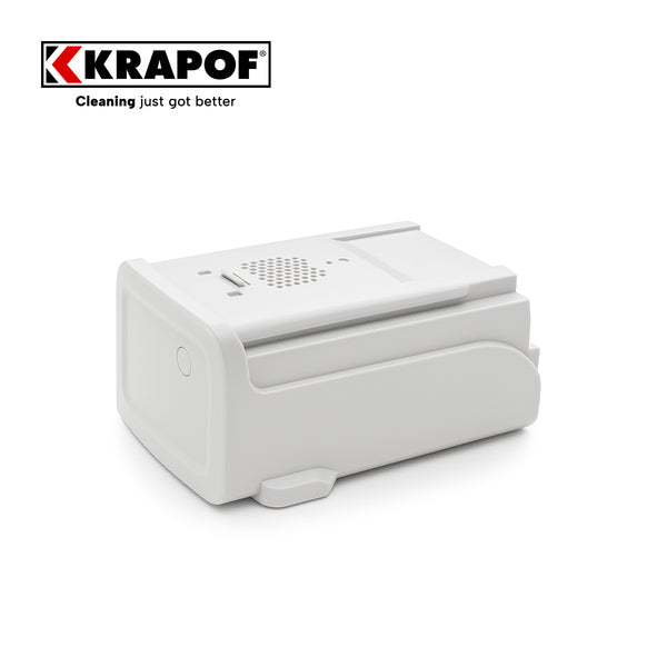 A white, rectangular battery pack for the KRAPOF® Auto Clean Self Empty Vac by Kleva Range is displayed on a white background, with the KRAPOF logo and "Cleaning just got better" slogan in the upper left.