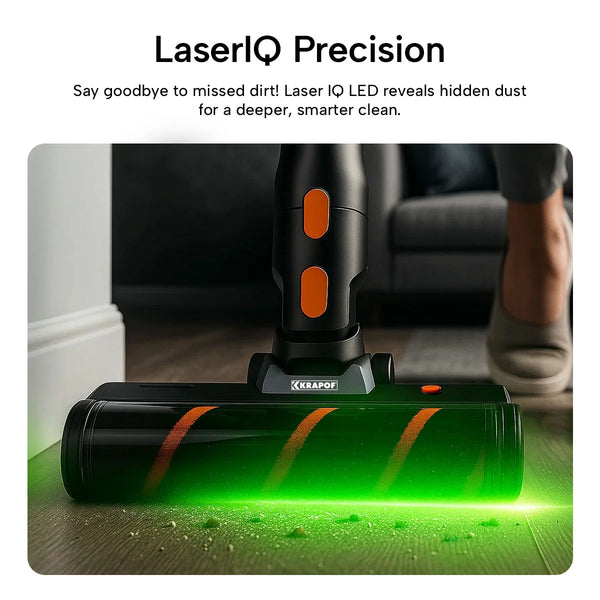 LaserIQ precision cordless vacuum head with green LED light revealing hidden dust