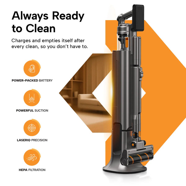 Self-empty cordless vacuum with charging dock, powerful suction and HEPA filtration
