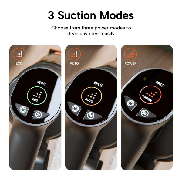 Cordless vacuum with 3 suction modes – Eco, Auto and Power – with digital display