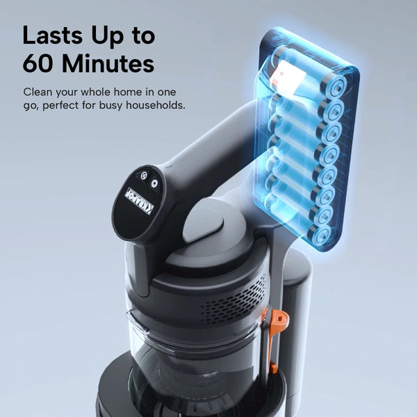 Up to 60 minutes runtime cordless vacuum with high-capacity battery pack
