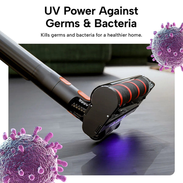 UV floor head cordless vacuum targeting germs and bacteria on hard floors
