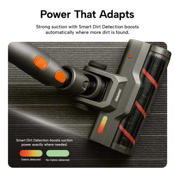Smart dirt detection cordless vacuum head with automatic suction boost for carpets and hard floors