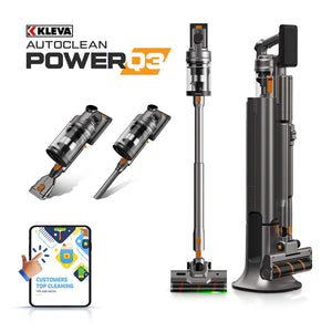 A KLEVA® Auto Clean Power Q3 Cordless Stick Vacuum with Self-Emptying System by Kleva Range is shown assembled, in use, and docked. The image also displays its accessories, a digital badge reading Customers Top Cleaning Tips and Hacks, and the Kleva Range logo. Perfect for pet hair removal, it delivers efficient UV sterilisation for a superior clean.