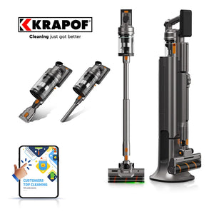 Krapof cordless stick vacuum with self-empty dock, handheld attachments and smart cleaning technology