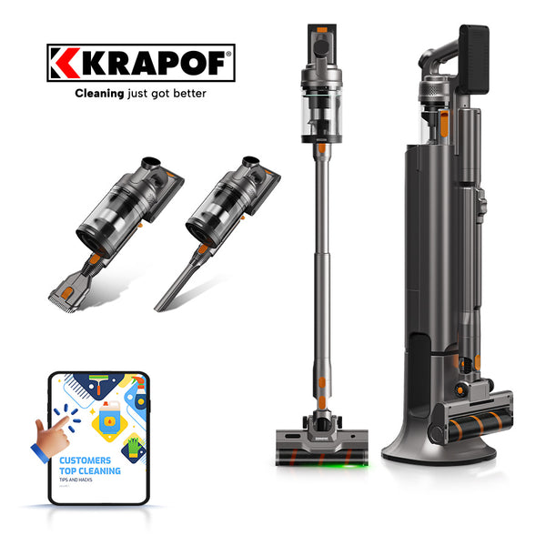 Krapof vacuum cleaner with attachments and smartphone app on a white background
