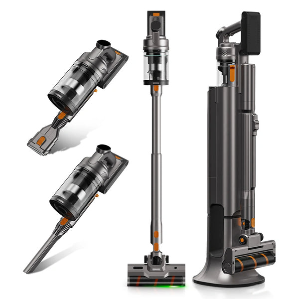 The KRAPOF® Auto Clean Power Q3 Cordless Stick Vacuum by Kleva Range is displayed in upright, handheld pet vacuum, and charging dock modes. Black with orange accents, it features a self-emptying system—ideal as an Australia stick vacuum.