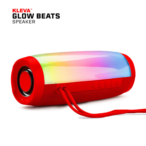A red portable Kleva® Glow Beats Speaker with a rainbow LED panel, side control buttons, and carrying strap. Branded by Kleva Range—ideal as a BOGO Bundle or Free Gift at 100% off!.