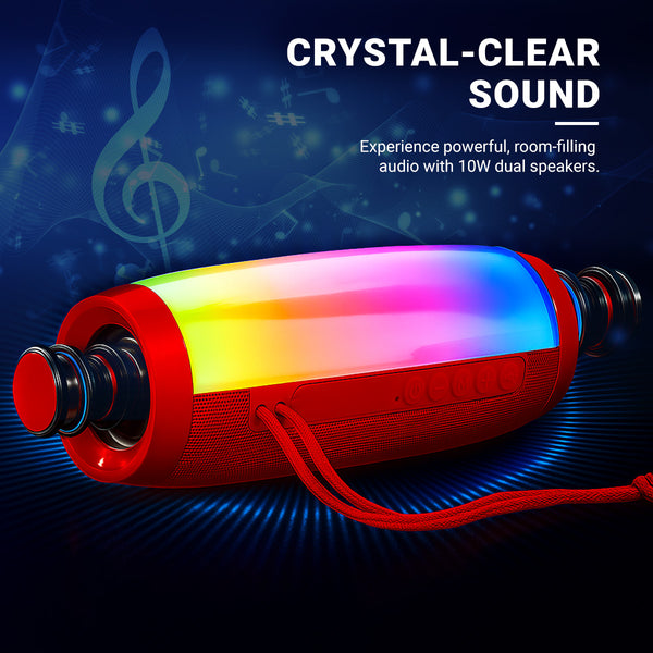 The Kleva® Glow Beats Speaker by Kleva Range features 10W dual speakers, a colorful LED light display, red accents, and a wrist strap. Shown against a blue background with music notes and treble clef graphics.