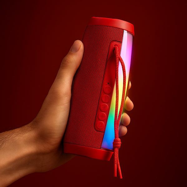 A hand holds the Kleva® Glow Beats Speaker from Kleva Range, a red portable Bluetooth speaker with a braided strap, vibrant multicolored LED lights, side buttons, and crystal-clear sound, set against a solid red background.