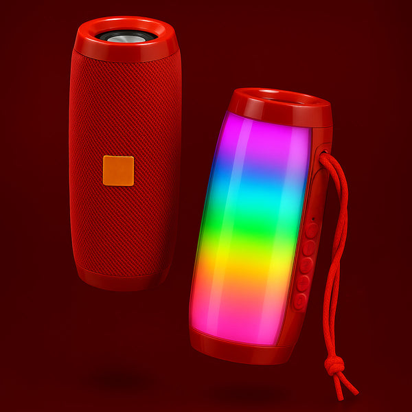 Two red Kleva® Glow Beats Speakers by Kleva Range are shown. One has a mesh texture and yellow square; the other features rainbow LED lights, side buttons, a red strap, and delivers crystal-clear sound.
