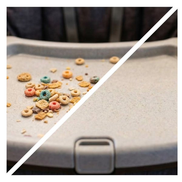 Colorful cereal loops on a gray tray with a white line dividing the image.