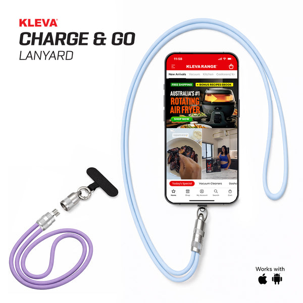 A KLEVA® Charge & Go Lanyard by Kleva Range is shown attached to a smartphone with a shopping app. The blue lanyard with silver connector and a purple variant are visible, highlighting iPhone, Android, and USB-C compatibility.