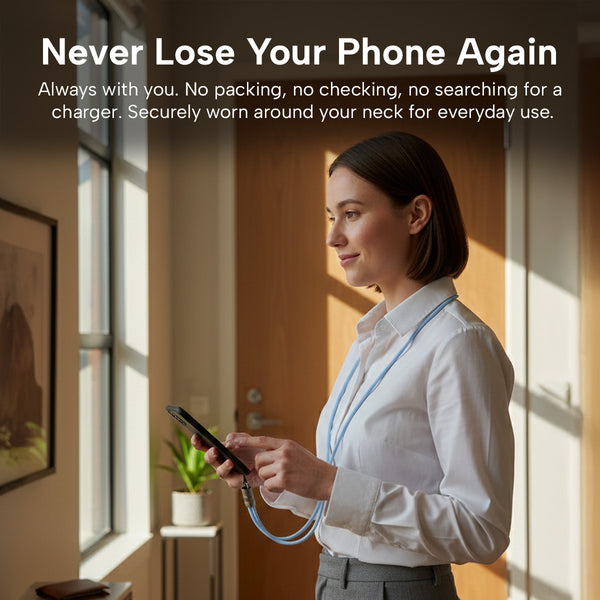 A woman indoors wears the KLEVA® Charge & Go Lanyard by Kleva Range, a blue hands-free phone holder and charging cable for iPhone, Android & USB-C devices. Text highlights its convenience for easy access and everyday use; plant and artwork are visible.