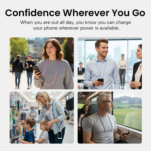 A collage of four images shows people outdoors, in an office, at a grocery store with children, and on a train using the KLEVA® Charge & Go Lanyard by Kleva Range—a wearable charging cable for iPhone, Android & USB-C devices.