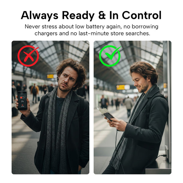 Split image shows a man at a train station: left, he’s frustrated with a low battery; right, he smiles using his phone and the Kleva Range KLEVA® Charge & Go Lanyard, a wearable charging cable for iPhone, Android & USB-C devices.
