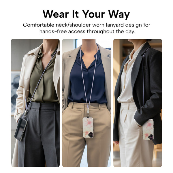 Three people in business attire wear KLEVA® Charge & Go Lanyards by Kleva Range, displaying smartphones conveniently worn around their necks—showcasing hands-free access and wearable charging for iPhone, Android & USB-C devices.