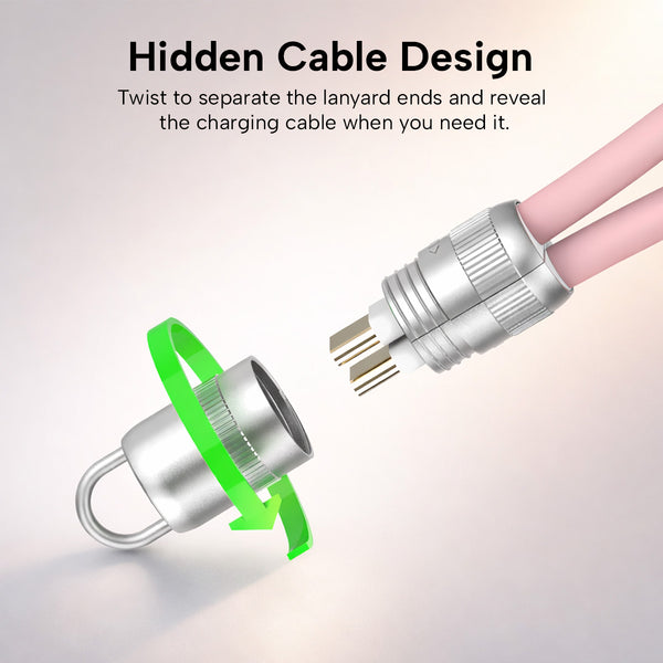 A close-up of the KLEVA® Charge & Go Lanyard from Kleva Range being twisted open to reveal a hidden charging cable. Green arrow shows the motion. Text: Hidden Cable Design—perfect for charging your iPhone, Android & USB-C on the go.