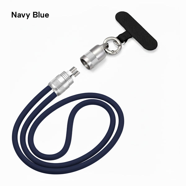 The KLEVA® Charge & Go Lanyard by Kleva Range is a navy blue, hands-free phone holder and charging cable for iPhone, Android, and USB-C devices. It features a metal clip, detachable connector, and black fabric loop handle, shown on a white background.