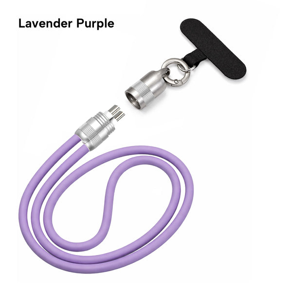 The KLEVA® Charge & Go Lanyard by Kleva Range, shown in lavender purple with metal connectors and black fabric strap, is a detachable wearable phone charging cable for iPhone, Android, and USB-C devices—Lavender Purple is noted at top left.