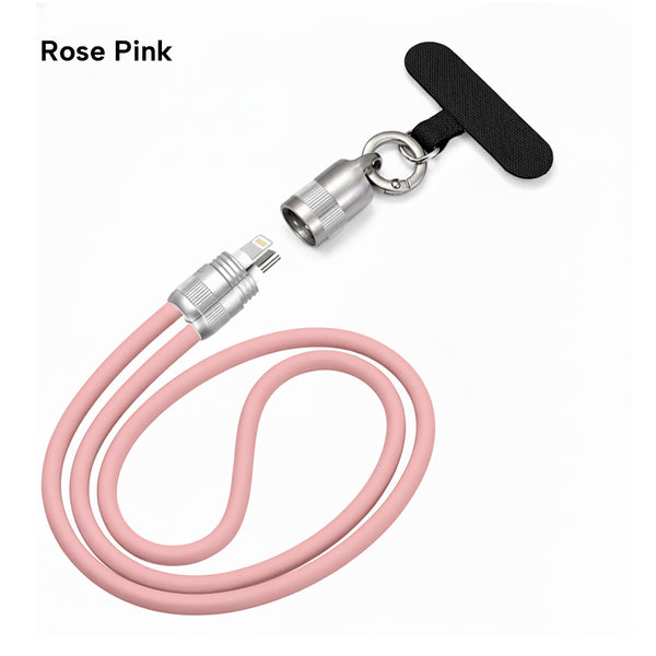 The KLEVA® Charge & Go Lanyard by Kleva Range is a rose pink phone charging cable with metal connectors and a detachable ring clasp on a black strap, ideal for charging your iPhone, Android, or USB-C device on the go. "Rose Pink" shown top left.