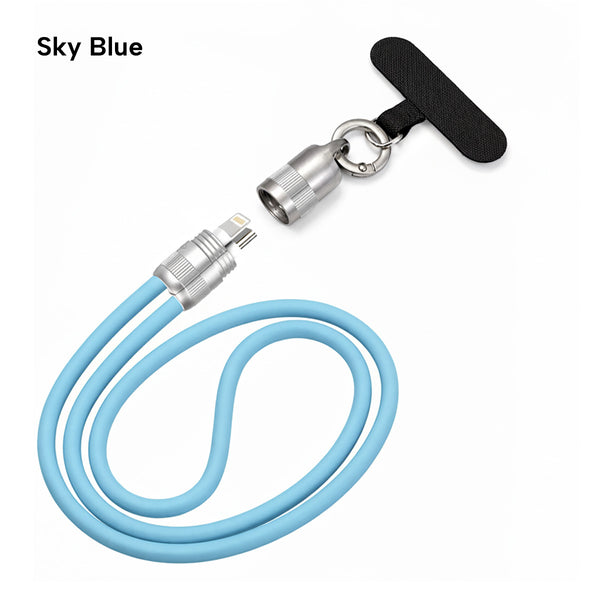 The KLEVA® Charge & Go Lanyard by Kleva Range is a sky blue, wearable phone charging cable for iPhone, Android & USB-C devices, with metallic connectors, a Lightning tip, and a magnetic keychain with black fabric pull tab. "Sky Blue" appears top left.