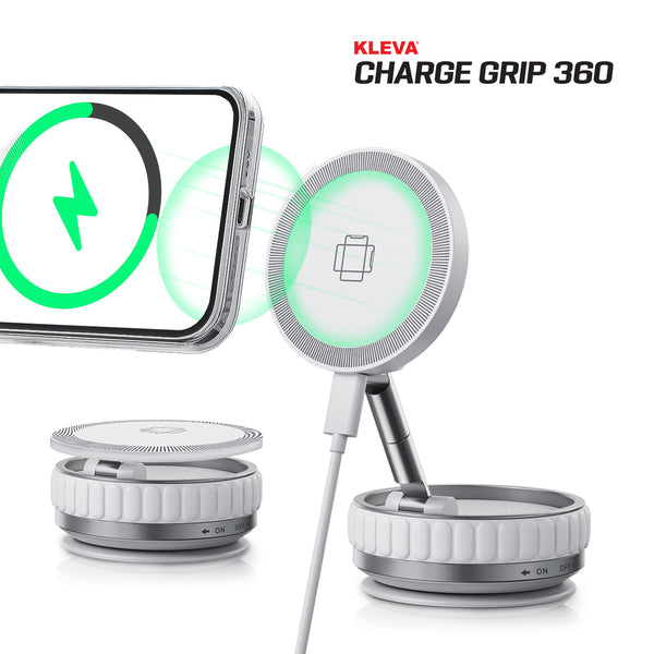 The KLEVA® Charge Grip 360 by Kleva Range is a MagSafe-compatible suction phone mount and wireless charging stand with a round base, adjustable grip, visible USB-C cable, and on/off switches for hands-free smartphone use.
