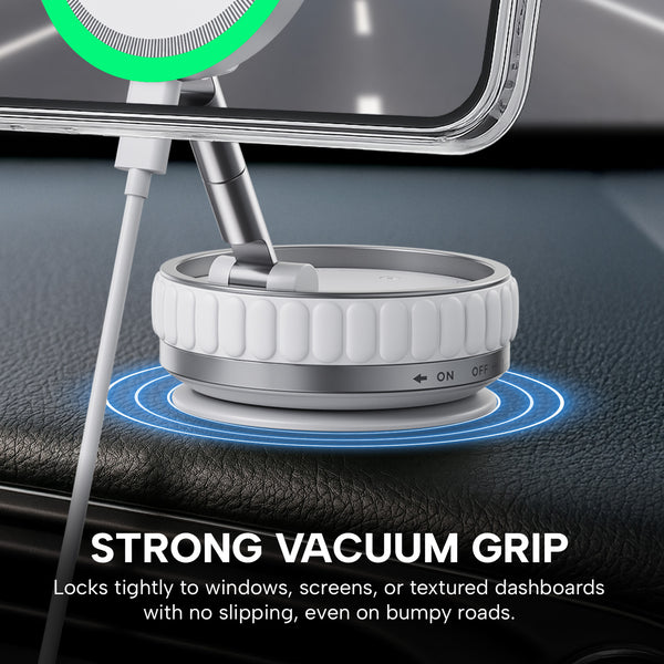 The KLEVA® Charge Grip 360 by Kleva Range is a MagSafe-compatible suction phone mount and wireless charging stand. Its strong vacuum grip locks tightly to windows, screens, or textured dashboards for secure hands-free phone and cable use.
