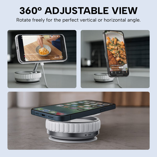 The Kleva Range KLEVA® Charge Grip 360 is a MagSafe-compatible suction phone mount and wireless charging stand, offering 360° adjustable views for hands-free use. Display your device horizontally or vertically with effortless rotation.