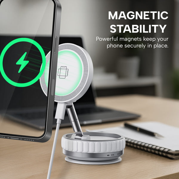The KLEVA® Charge Grip 360 by Kleva Range is a MagSafe-compatible suction phone mount and wireless charging stand that holds your smartphone upright on your desk, glowing while it charges for a seamless, hands-free experience.
