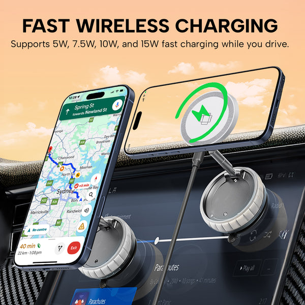 Two smartphones are mounted on a car dashboard with the KLEVA® Charge Grip 360 by Kleva Range, a MagSafe-compatible suction phone mount and wireless charging stand. “Fast wireless charging” text highlights 5W, 7.5W, 10W, and 15W support while driving.