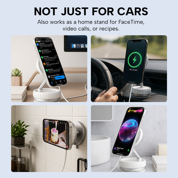 Four images show the KLEVA® Charge Grip 360 by Kleva Range—a MagSafe-compatible suction phone mount and wireless charging stand—used hands-free on counters, in cars, on walls, and desks. Text: “Not Just For Cars.”.