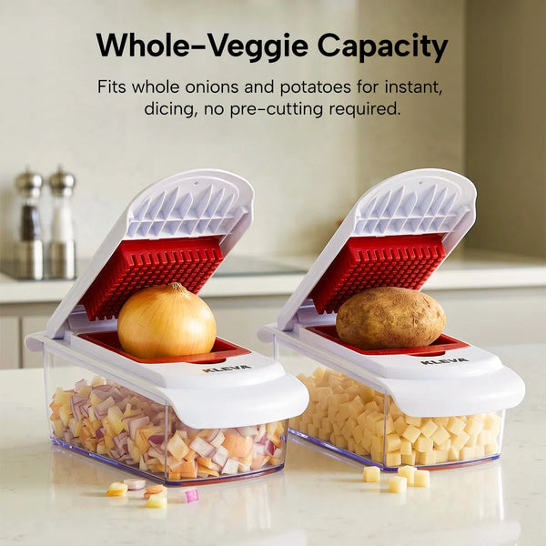 Two white Kleva vegetable choppers, one with an onion and one with a potato, demonstrating dicing into clear base containers.