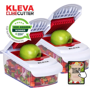 Two Kleva Range Cube Cutter - Slice, Dice, & Chop With A Compact Vegetable Cutter (Buy 1 Get 1 FREE) hold green apples inside and chopped veggies in trays. The image shows a 2026 Awards Winner badge and a creativity-themed graphic.