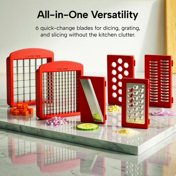Six interchangeable red kitchen blades for dicing, grating, and slicing arranged on a marble surface with various prepped vegetables.