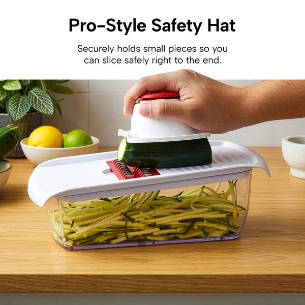 A vegetable chopper set with white and red components in a clear container on a kitchen countertop.