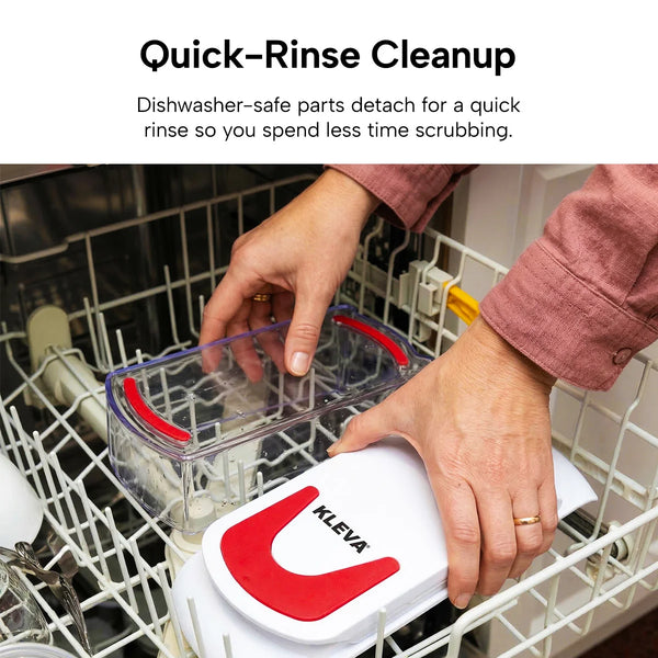 A person's hands placing a white and red vegetable chopper lid and clear container into a dishwasher rack.