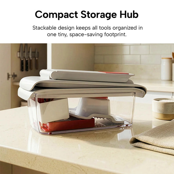 A compact, multi-functional vegetable chopper set neatly stacked and stored within its clear container on a kitchen benchtop.