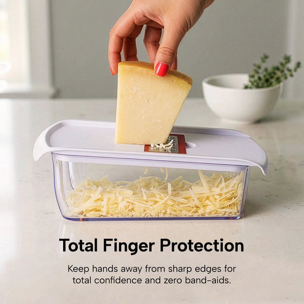 A hand grating a wedge of hard cheese into a clear container using a white mandoline grater attachment.