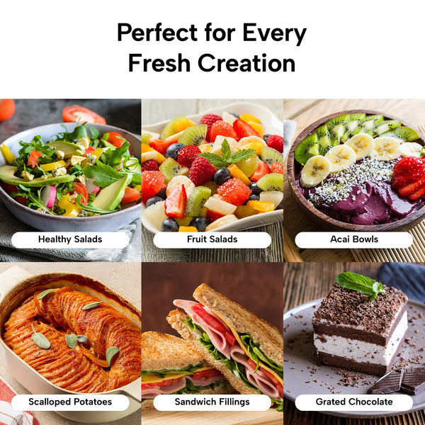 A grid of six food images showcasing the results of different chopping and grating blades.