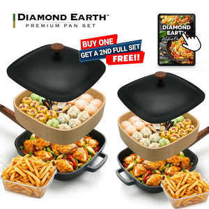 Diamond Earth extra deep dish pan set with bamboo steamer and fryer basket buy one get one free cookware deal