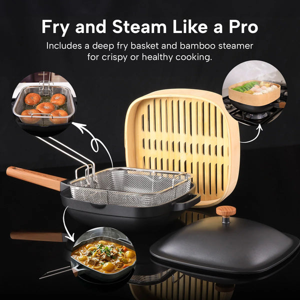 Diamond Earth extra deep pan with deep fry basket and bamboo steamer for healthy and crispy cooking